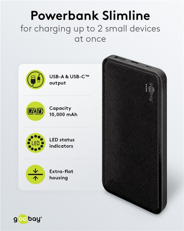 Goobay Powerbank Slimline 10.000 mAh kraftfulla 10 000 mAh i en praktisk och kompakt design med statusljusdioder