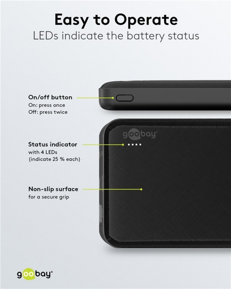 Goobay Powerbank Slimline 10.000 mAh kraftfulla 10 000 mAh i en praktisk och kompakt design med statusljusdioder