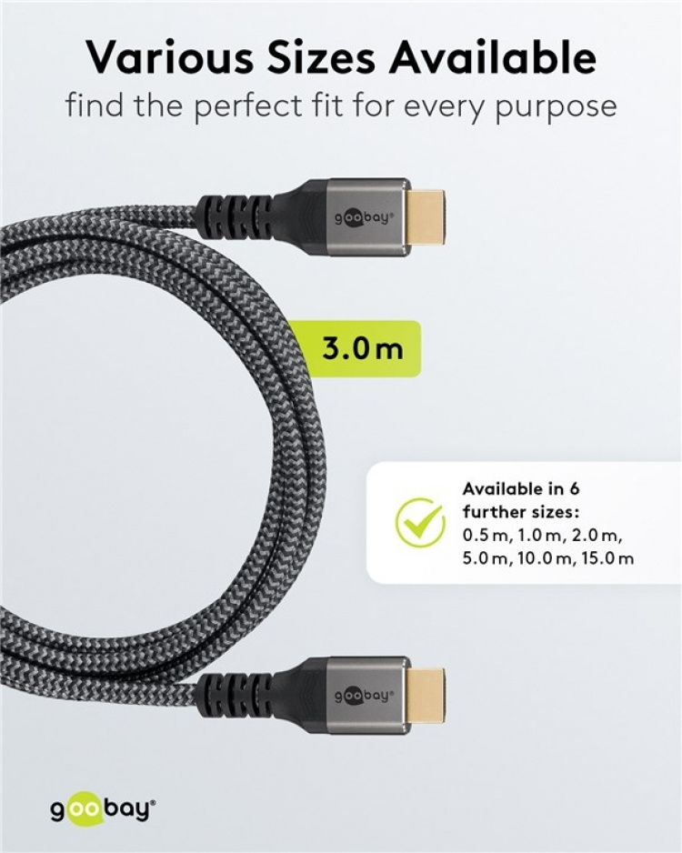 Goobay Höghastighets HDMI™-kabel med Ethernet, 3 m, Sharkskin Grey HDMI™-kontakt (typ A) > HDMI™-kontakt (typ A)