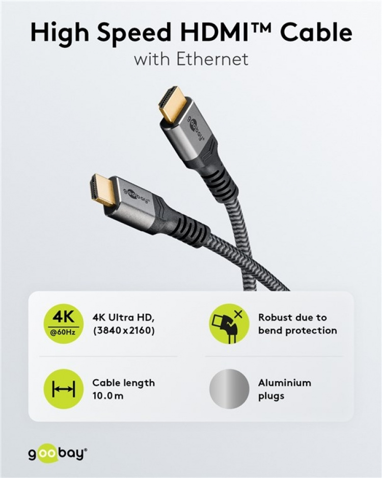 Goobay Höghastighets HDMI™-kabel med Ethernet, 10 m, Sharkskin Grey HDMI™-kontakt (typ A) > HDMI™-kontakt (typ A)