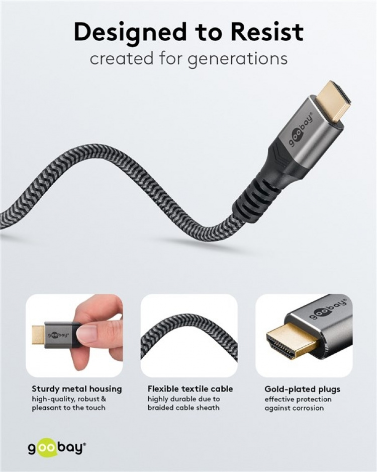 Goobay Höghastighets HDMI™-kabel med Ethernet, 10 m, Sharkskin Grey HDMI™-kontakt (typ A) > HDMI™-kontakt (typ A)
