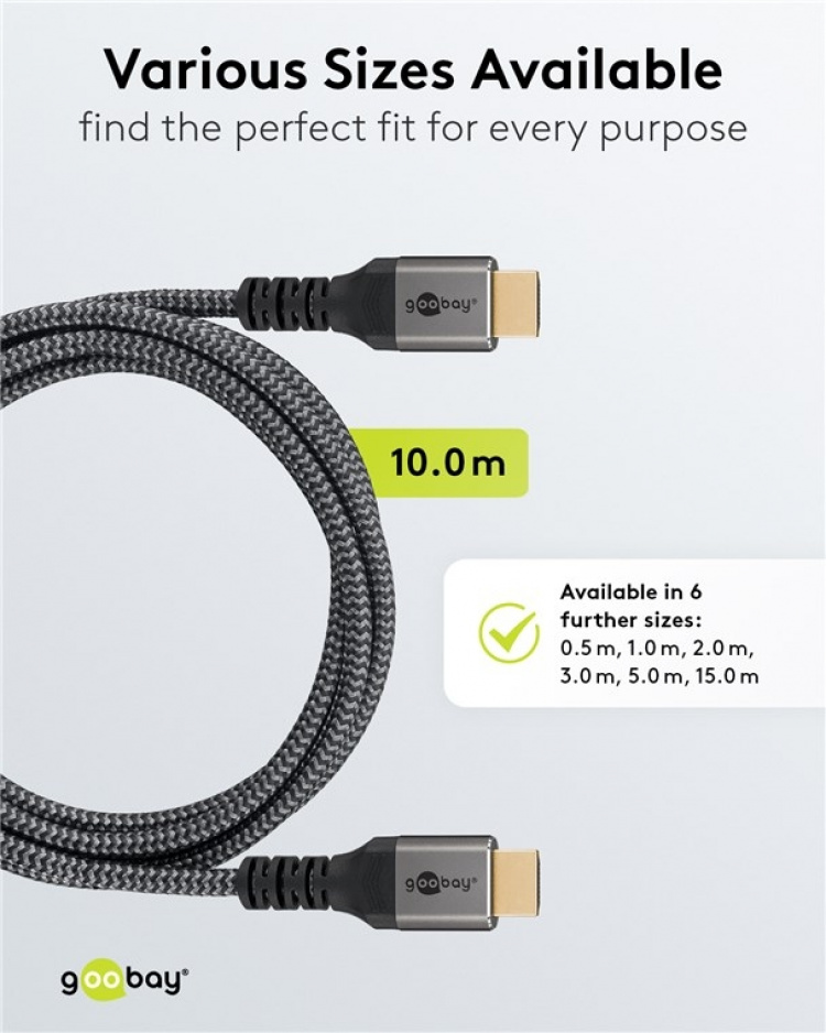 Goobay Höghastighets HDMI™-kabel med Ethernet, 10 m, Sharkskin Grey HDMI™-kontakt (typ A) > HDMI™-kontakt (typ A)