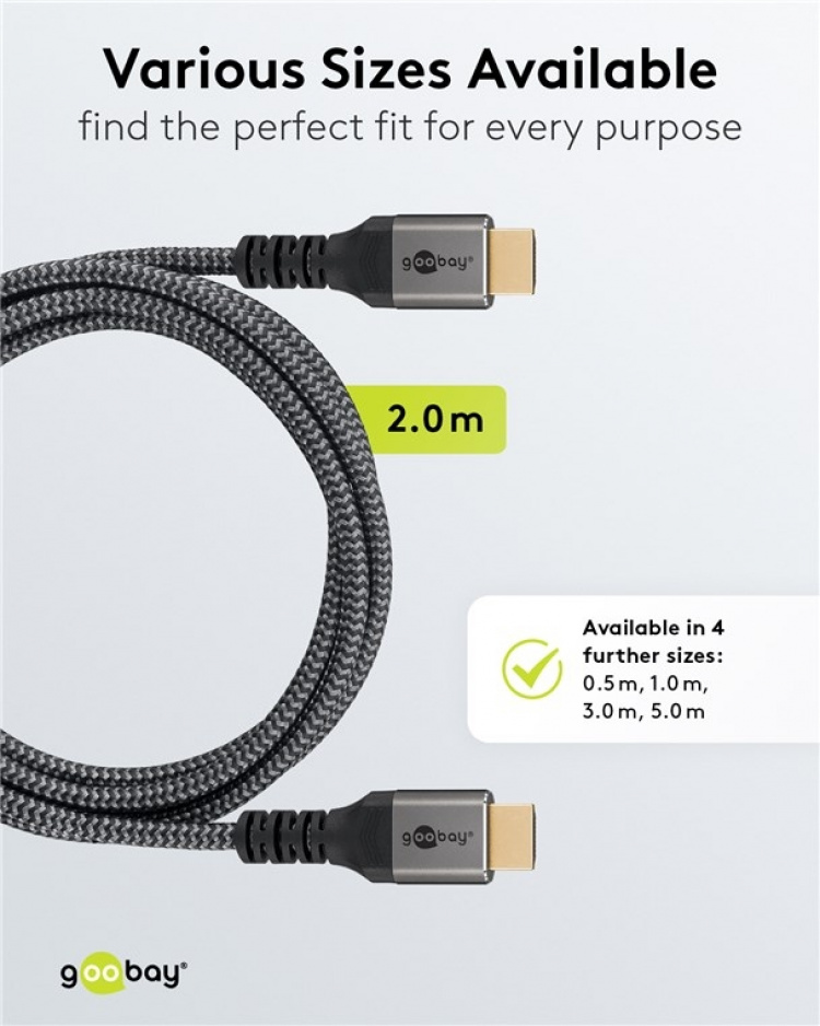 Goobay HDMI™-kabel med ultrahög hastighet, 2 m, Sharkskin Grey HDMI™-kontakt (typ A) > HDMI™-kontakt (typ A)