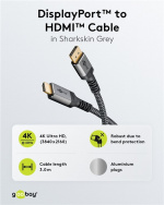 Goobay DisplayPort™ till HDMI™-kabel, 3 m, Sharkskin Grey Displayport™ plugg > HDMI™-kontakt (typ A)