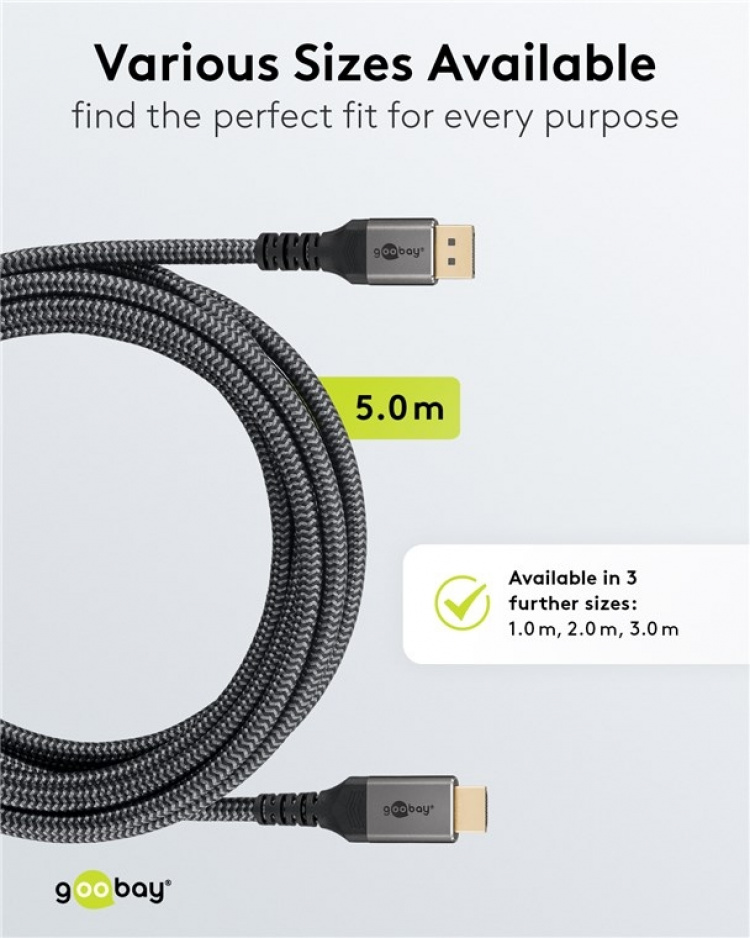 Goobay DisplayPort™ till HDMI™-kabel, 5 m, Sharkskin Grey Displayport™ plugg > HDMI™-kontakt (typ A) Goobay DisplayPort™ till HDMI™-kabel, 5 m, Sharkskin Grey Displayport™ plugg > HDMI™-kontakt (typ A)