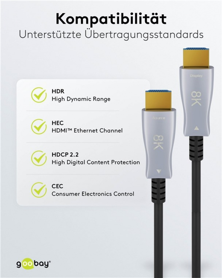 Goobay Optisk hybrid HDMI™-kabel med ultrahög hastighet och Ethernet (AOC) höghastighetskabel, 8K @ 60 Hz/ 4K @ 120 Hz, för långa överföringsavstånd, 40 m Goobay Optisk hybrid HDMI™-kabel med ultrahög hastighet och Ethernet (AOC) höghastighetskabel, 8K @ 60 Hz/ 4K @ 120 Hz, för långa överföringsavstånd, 40 m