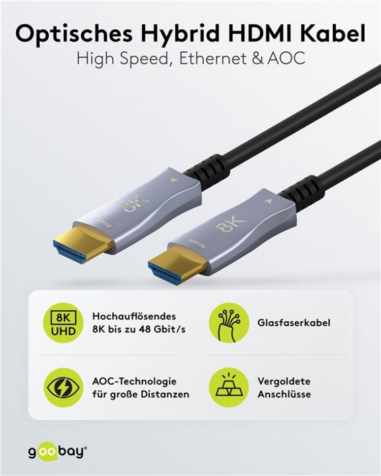 Goobay Optisk hybrid HDMI™-kabel med ultrahög hastighet och Ethernet (AOC) höghastighetskabel, 8K @ 60 Hz/ 4K @ 120 Hz, för långa överföringsavstånd, 70 m Goobay Optisk hybrid HDMI™-kabel med ultrahög hastighet och Ethernet (AOC) höghastighetskabel, 8K @ 60 Hz/ 4K @ 120 Hz, för långa överföringsavstånd, 70 m