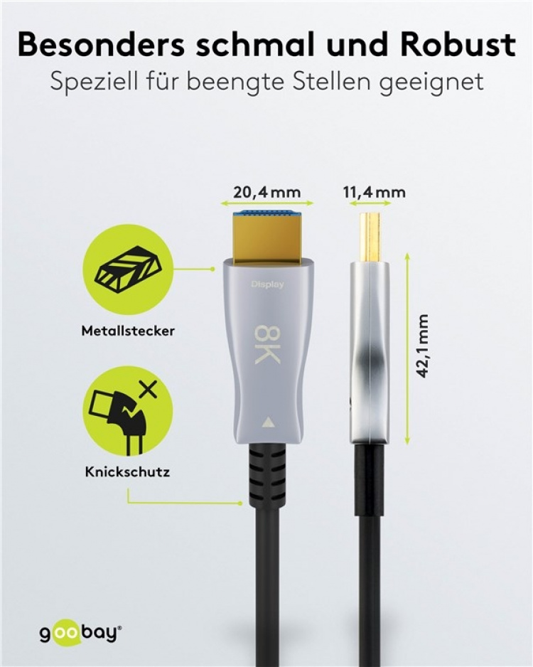 Goobay Optisk hybrid HDMI™-kabel med ultrahög hastighet och Ethernet (AOC) höghastighetskabel, 8K @ 60 Hz/ 4K @ 120 Hz, för långa överföringsavstånd, 80 m Goobay Optisk hybrid HDMI™-kabel med ultrahög hastighet och Ethernet (AOC) höghastighetskabel, 8K @ 60 Hz/ 4K @ 120 Hz, för långa överföringsavstånd, 80 m