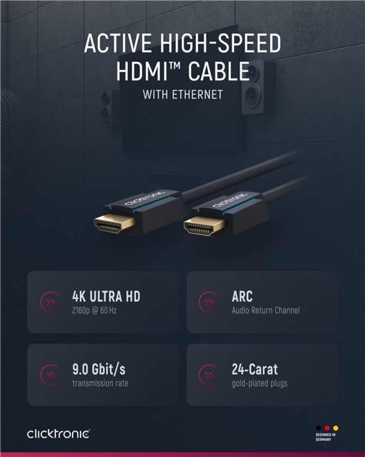 ClickTronic Aktiv Höghastighets HDMI™-kabel med Ethernet Premiumkabel | 1x HDMI™-kontakt >> 1x HDMI™-kontakt | 25,0 m | UHD 4K @ 60 Hz ClickTronic Aktiv Höghastighets HDMI™-kabel med Ethernet Premiumkabel | 1x HDMI™-kontakt >> 1x HDMI™-kontakt | 25,0 m | UHD 4K @ 60 Hz