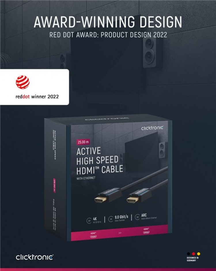 ClickTronic Aktiv Höghastighets HDMI™-kabel med Ethernet Premiumkabel | 1x HDMI™-kontakt >> 1x HDMI™-kontakt | 25,0 m | UHD 4K @ 60 Hz ClickTronic Aktiv Höghastighets HDMI™-kabel med Ethernet Premiumkabel | 1x HDMI™-kontakt >> 1x HDMI™-kontakt | 25,0 m | UHD 4K @ 60 Hz