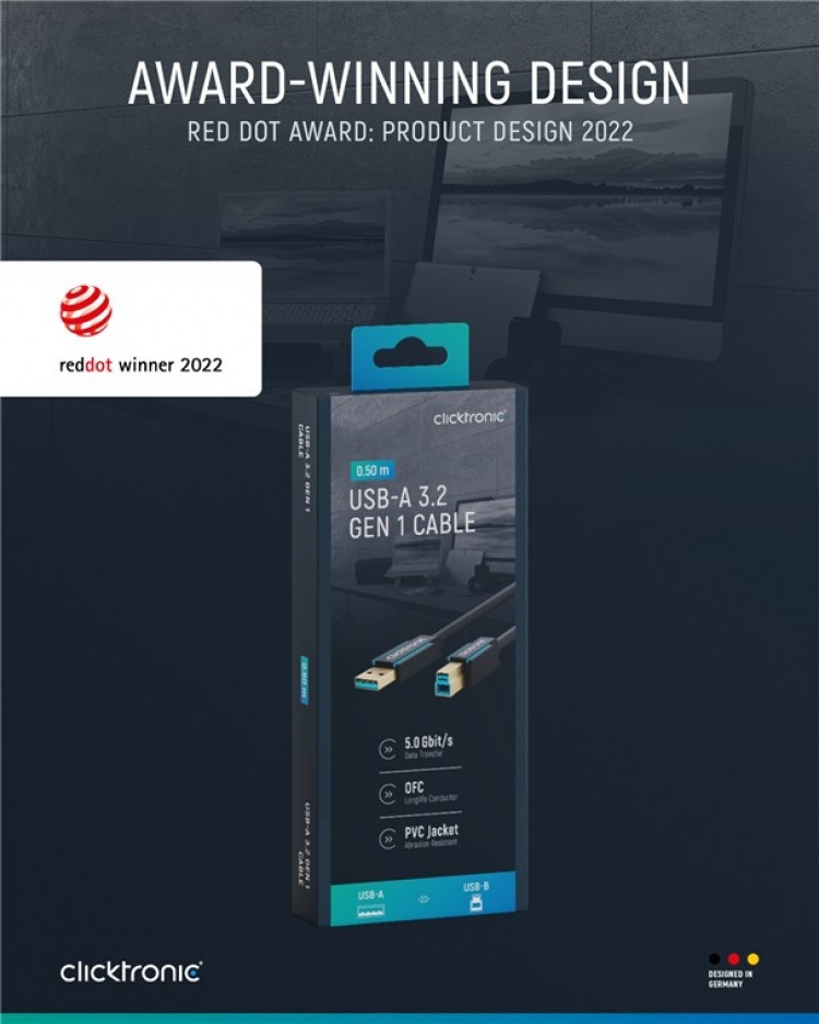 ClickTronic Adapterkabel från USB-A till USB-B 3.0 Premiumkabel | USB A-kontakt USB B 3.0-kontakt | 0,5 m | 5 Gbit/s