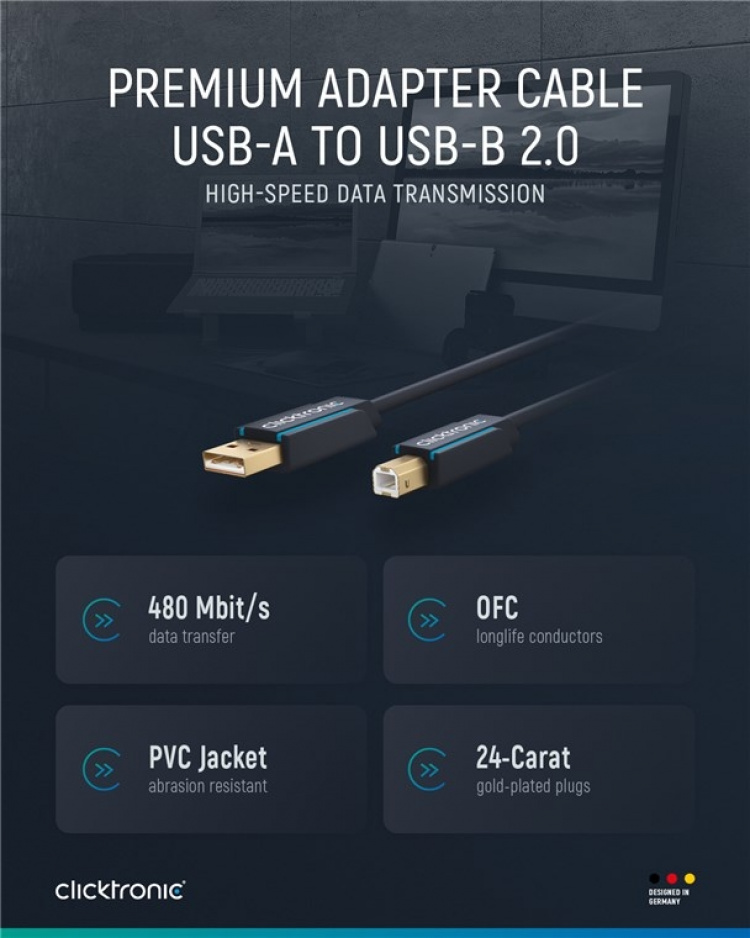 ClickTronic Adapterkabel från USB-A till USB-B 2.0 Premiumkabel | USB A-kontakt USB B 2.0-kontakt | 1,8 m | 480 Mbit/s ClickTronic Adapterkabel från USB-A till USB-B 2.0 Premiumkabel | USB A-kontakt USB B 2.0-kontakt | 1,8 m | 480 Mbit/s