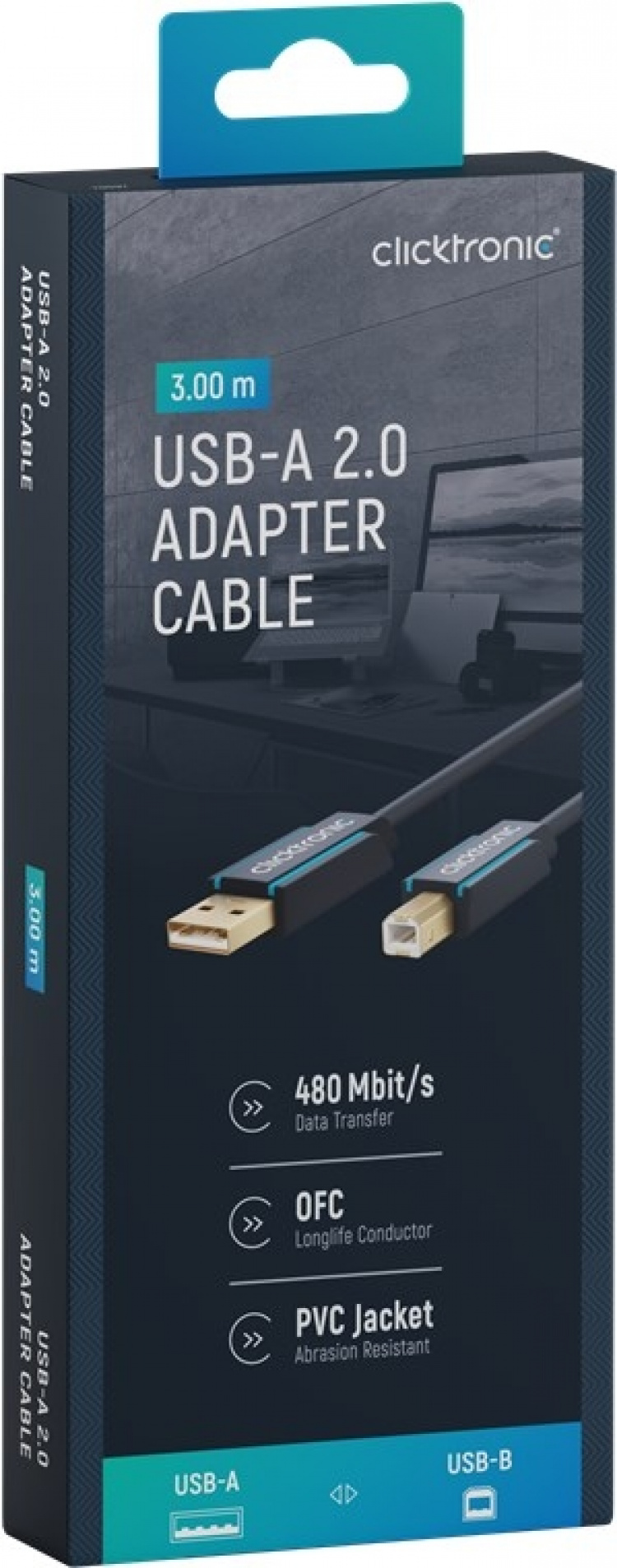ClickTronic Adapterkabel från USB-A till USB-B 2.0 Premiumkabel | USB A-kontakt USB B 2.0-kontakt | 3,0 m | 480 Mbit/s