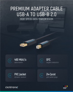 ClickTronic Adapterkabel från USB-A till USB-B 2.0 Premiumkabel | USB A-kontakt USB B 2.0-kontakt | 3,0 m | 480 Mbit/s