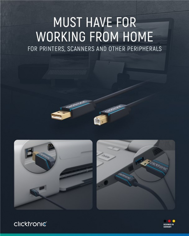 ClickTronic Adapterkabel från USB-A till USB-B 2.0 Premiumkabel | USB A-kontakt USB B 2.0-kontakt | 3,0 m | 480 Mbit/s