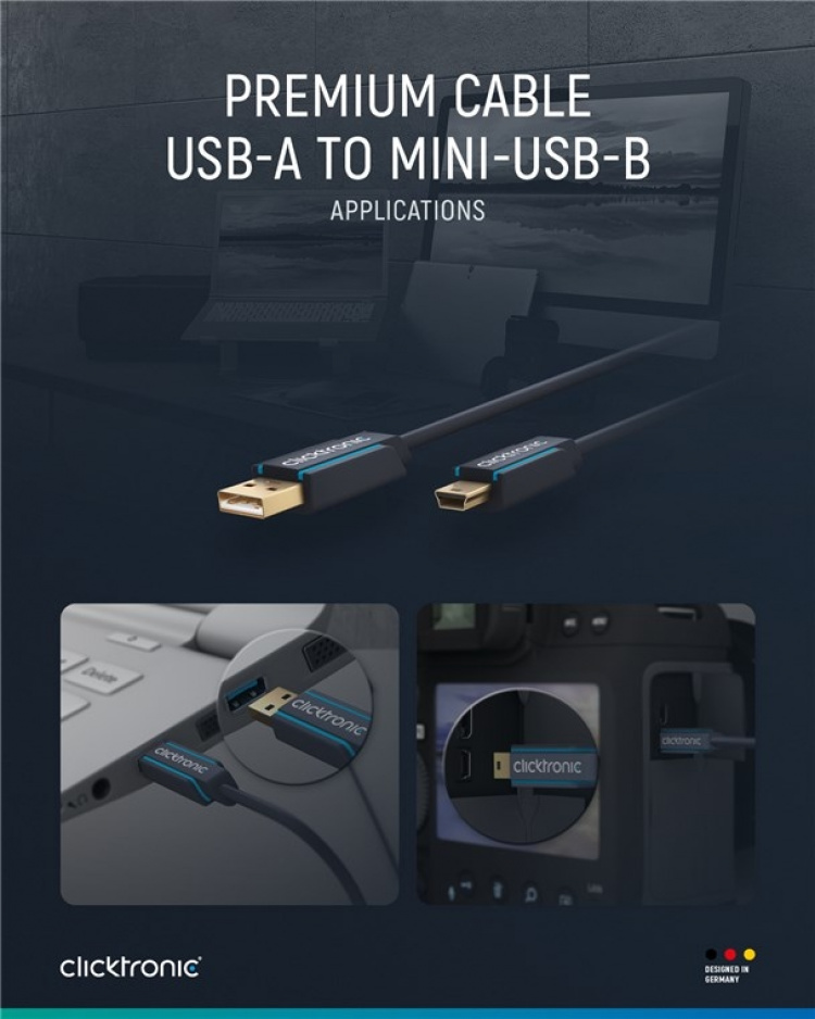 ClickTronic Adapterkabel från USB A till USB Mini B 2.0 Premiumkabel | USB A-kontakt USB mini B-kontakt | 1,8 m | 480 Mbit/s