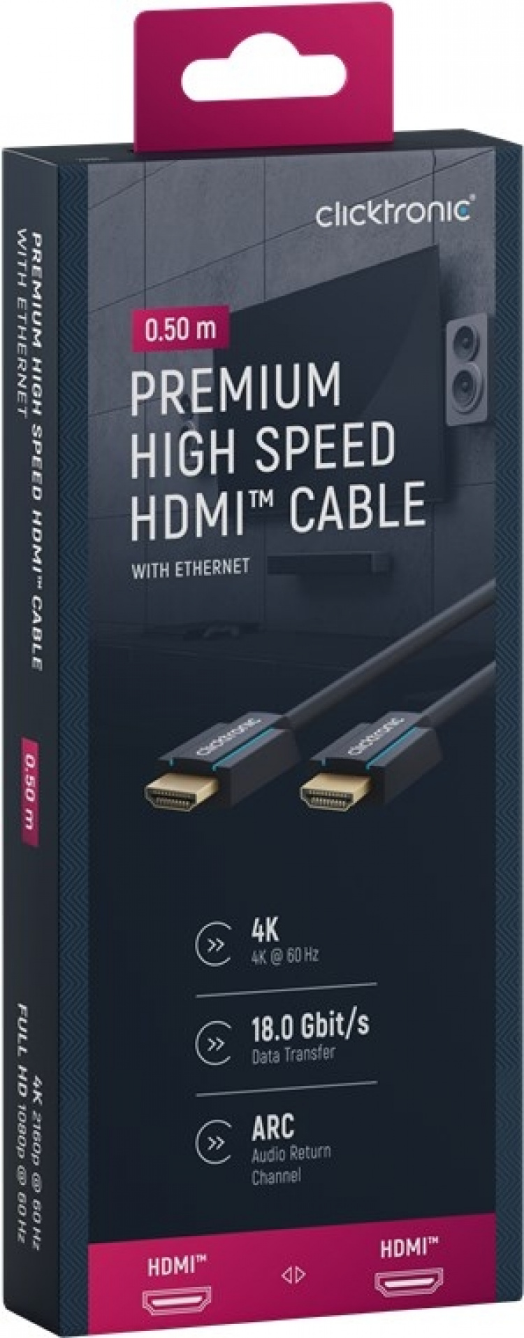ClickTronic Premium Höghastighets HDMI™-kabel med Ethernet Premiumkabel | 1x HDMI™-kontakt 1x HDMI™-kontakt | 0,5 m | UHD 4K @ 60 Hz ClickTronic Premium Höghastighets HDMI™-kabel med Ethernet Premiumkabel | 1x HDMI™-kontakt 1x HDMI™-kontakt | 0,5 m | UHD 4K @ 60 Hz