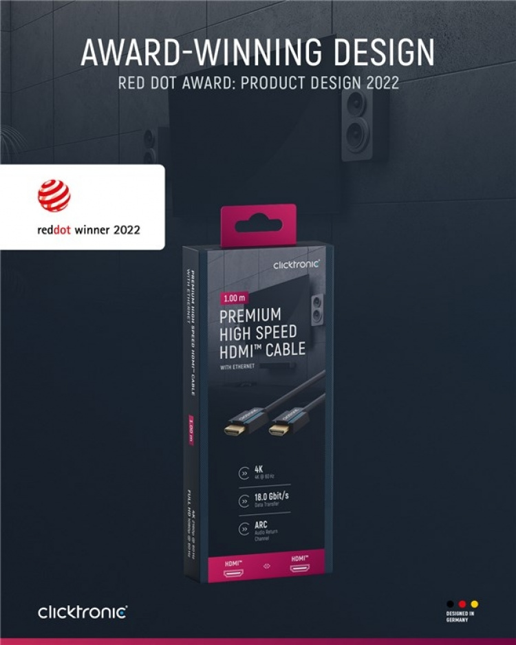 ClickTronic Premium Höghastighets HDMI™-kabel med Ethernet Premiumkabel | 1x HDMI™-kontakt 1x HDMI™-kontakt | 1,0 m | UHD 4K @ 60 Hz ClickTronic Premium Höghastighets HDMI™-kabel med Ethernet Premiumkabel | 1x HDMI™-kontakt 1x HDMI™-kontakt | 1,0 m | UHD 4K @ 60 Hz