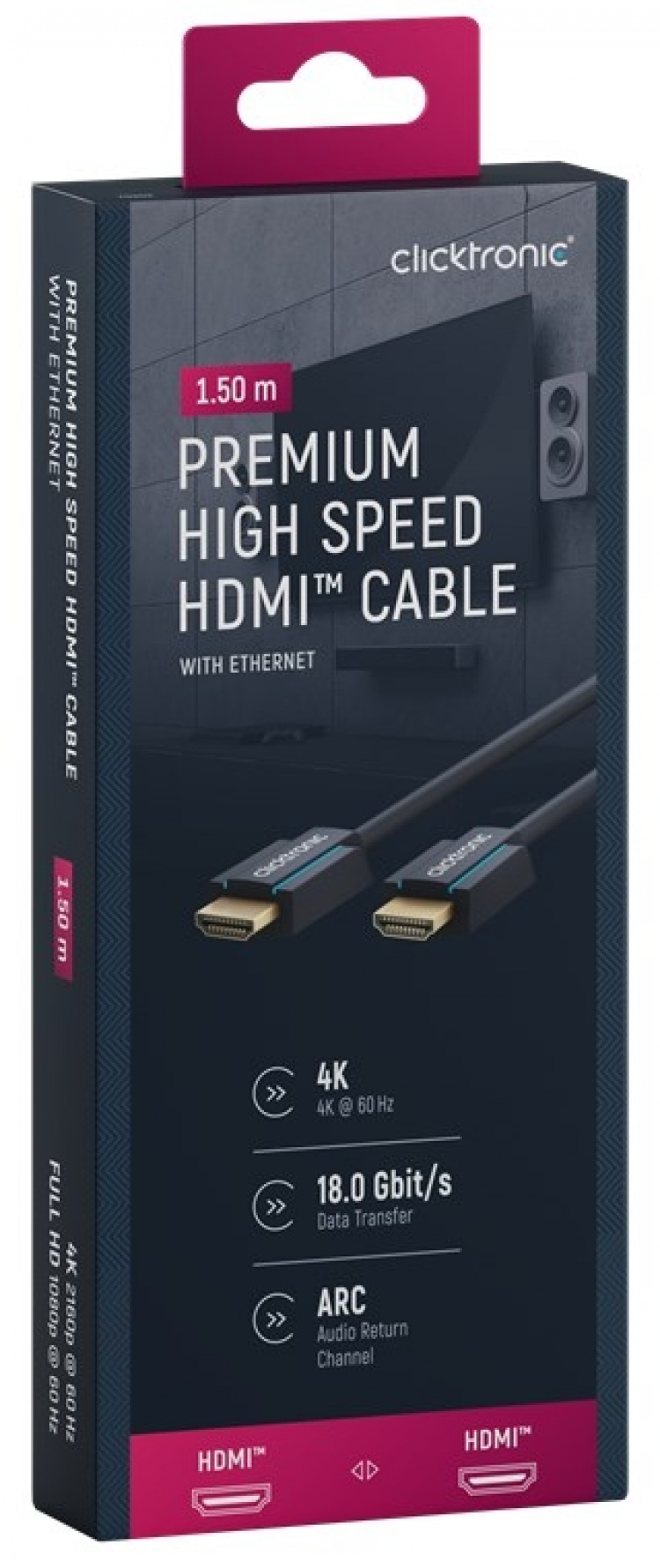 ClickTronic Premium Höghastighets HDMI™-kabel med Ethernet Premiumkabel | 1x HDMI™-kontakt 1x HDMI™-kontakt | 1,5 m | UHD 4K @ 60 Hz ClickTronic Premium Höghastighets HDMI™-kabel med Ethernet Premiumkabel | 1x HDMI™-kontakt 1x HDMI™-kontakt | 1,5 m | UHD 4K @ 60 Hz