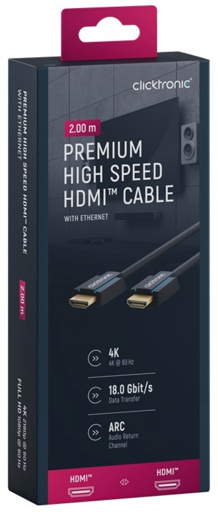 ClickTronic Premium Höghastighets HDMI™-kabel med Ethernet Premiumkabel | 1x HDMI™-kontakt 1x HDMI™-kontakt | 2,0 m | UHD 4K @ 60 Hz ClickTronic Premium Höghastighets HDMI™-kabel med Ethernet Premiumkabel | 1x HDMI™-kontakt 1x HDMI™-kontakt | 2,0 m | UHD 4K @ 60 Hz