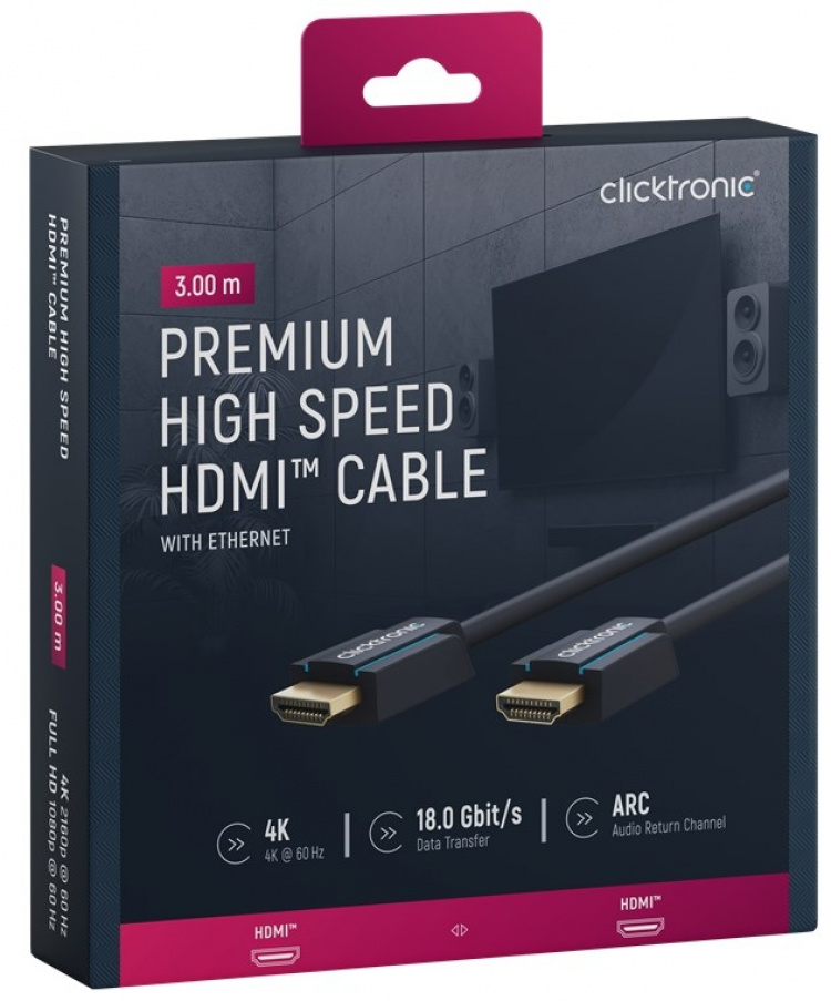 ClickTronic Premium Höghastighets HDMI™-kabel med Ethernet Premiumkabel | 1x HDMI™-kontakt 1x HDMI™-kontakt | 3,0 m | UHD 4K @ 60 Hz ClickTronic Premium Höghastighets HDMI™-kabel med Ethernet Premiumkabel | 1x HDMI™-kontakt 1x HDMI™-kontakt | 3,0 m | UHD 4K @ 60 Hz