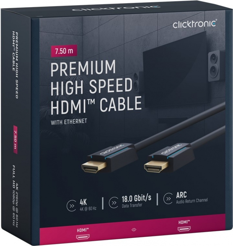 ClickTronic Höghastighets HDMI™-kabel med Ethernet Premiumkabel | 1x HDMI™-kontakt 1x HDMI™-kontakt | 7,5 m | UHD 4K @ 60 Hz