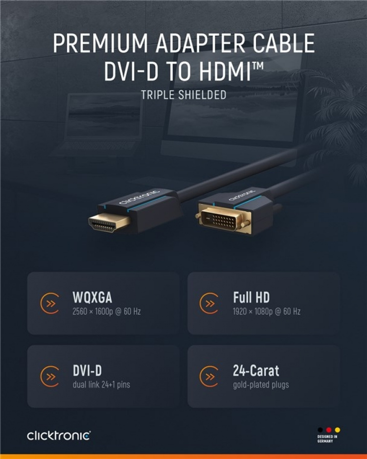 ClickTronic Adapterkabel från DVI till HDMI™ Premiumkabel | 1x DVI-D-kontakt 1x HDMI™-kontakt | 1,0 m | WQXGA @ 60 Hz