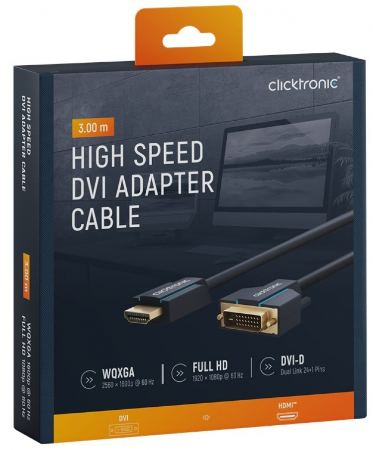 ClickTronic Adapterkabel från DVI till HDMI™ Premiumkabel | 1x DVI-D-kontakt 1x HDMI™-kontakt | 3,0 m | WQXGA @ 60 Hz