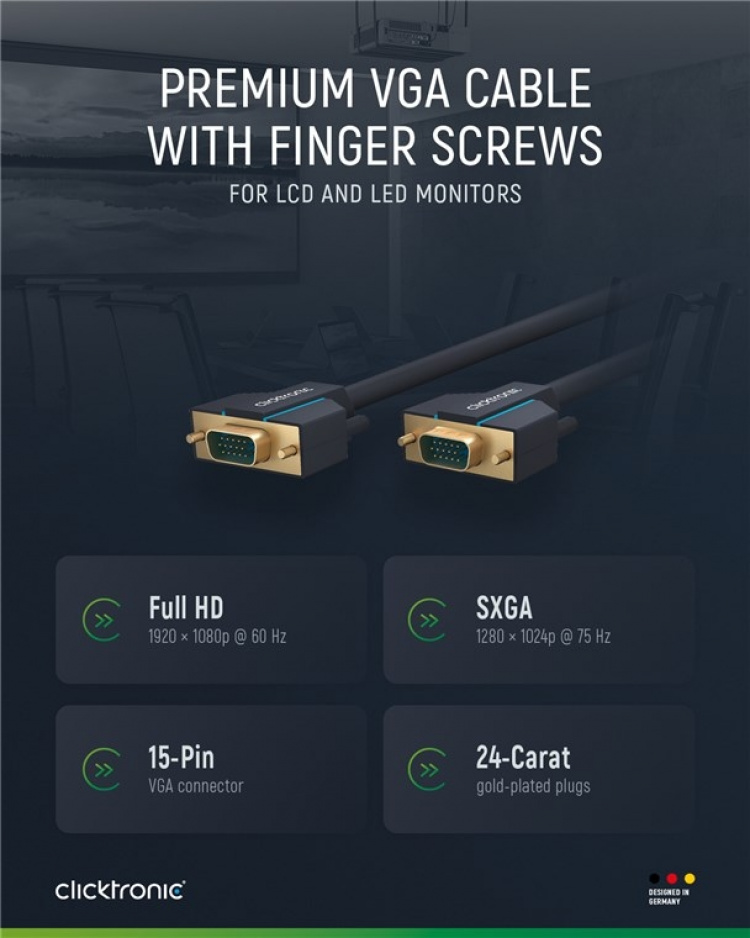 ClickTronic VGA-kabel Premiumkabel | 1x VGA-kontakt 1x VGA-kontakt | 3,0 m | SXGA @ 75 Hz