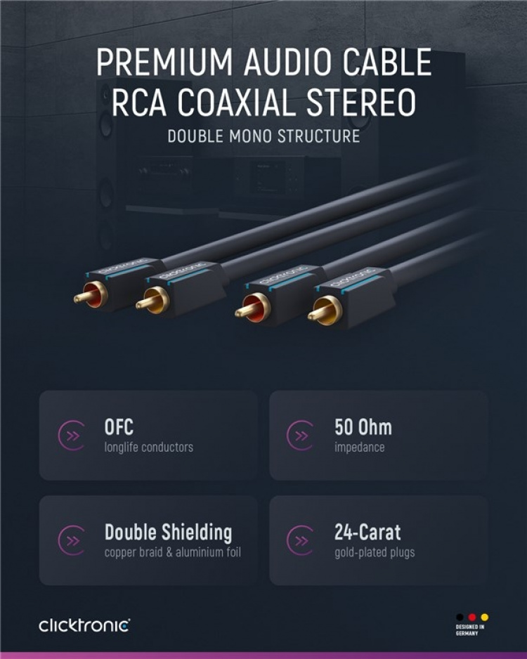 ClickTronic RCA-kabel, stereo Premiumkabel | 2x RCA plugg 2x RCA plugg | 7,5 m | OFC innerledare ClickTronic RCA-kabel, stereo Premiumkabel | 2x RCA plugg 2x RCA plugg | 7,5 m | OFC innerledare