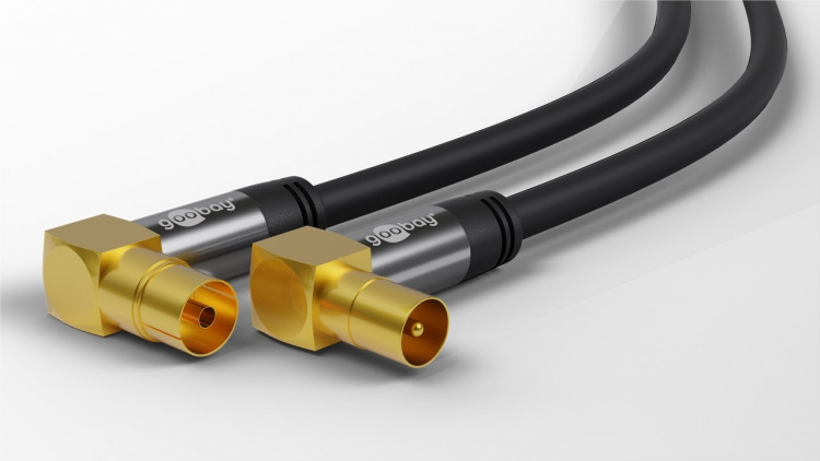 Goobay TV-antennkabel (135 dB), 4x skärmad guldpläterad, koaxial-uttag 90° > koaxial-plugg 90°, 1 m Goobay TV-antennkabel (135 dB), 4x skärmad guldpläterad, koaxial-uttag 90° > koaxial-plugg 90°, 1 m