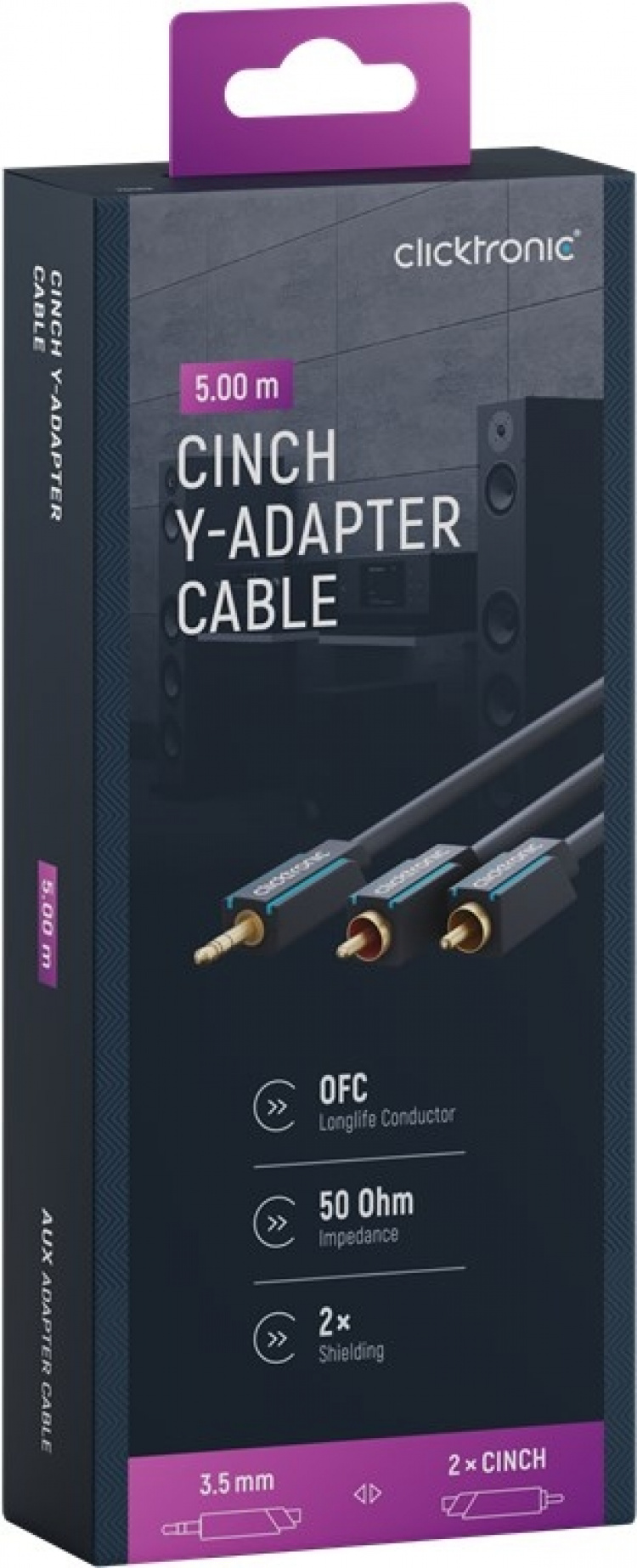 ClickTronic 3,5 mm AUX till RCA-adapterkabel, stereo Premiumkabel | 1x 3,5 mm jackkontakt 2x cinchkontakt | 5,0 m | OFC innerledare ClickTronic 3,5 mm AUX till RCA-adapterkabel, stereo Premiumkabel | 1x 3,5 mm jackkontakt 2x cinchkontakt | 5,0 m | OFC innerledare