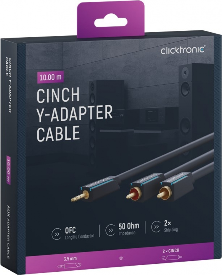 ClickTronic 3,5 mm AUX till RCA-adapterkabel, stereo Premiumkabel | 1x 3,5 mm jackkontakt 2x cinchkontakt | 10,0 m | OFC innerledare