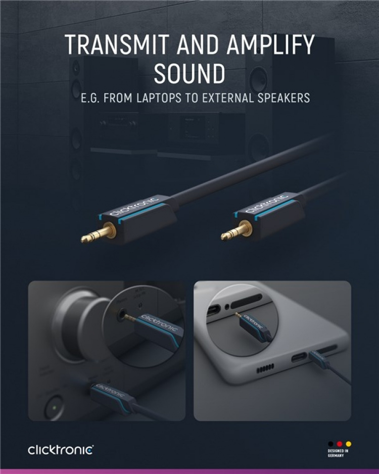 ClickTronic 3,5 mm AUX-kabel, stereo Premiumkabel | 1x 3,5 mm jackplugg 1x 3,5 mm jackplugg | 3,0 m | OFC innerledare