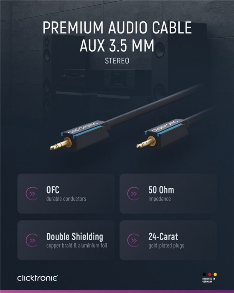 ClickTronic 3,5 mm AUX-kabel, stereo Premiumkabel | 1x 3,5 mm jackplugg 1x 3,5 mm jackplugg | 10,0 m | OFC innerledare ClickTronic 3,5 mm AUX-kabel, stereo Premiumkabel | 1x 3,5 mm jackplugg 1x 3,5 mm jackplugg | 10,0 m | OFC innerledare