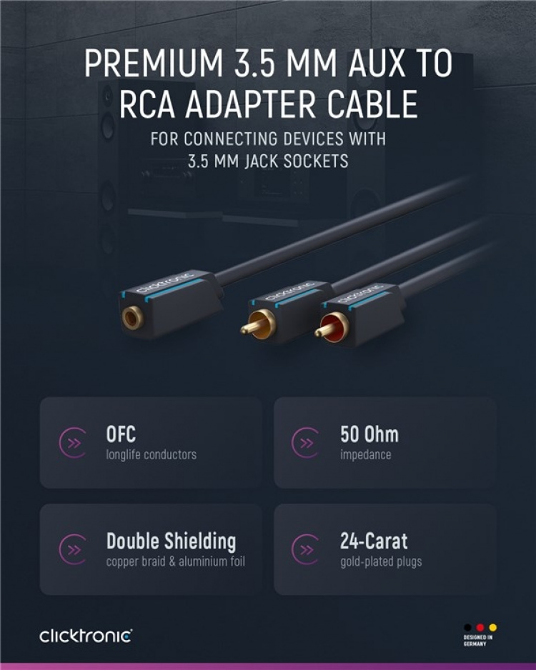 ClickTronic 3,5 mm AUX till RCA-adapterkabel, stereo Premium-kabel | 2x cinch-kontakt 1x 3,5 mm jackuttag | 0,1 m | OFC innerledare ClickTronic 3,5 mm AUX till RCA-adapterkabel, stereo Premium-kabel | 2x cinch-kontakt 1x 3,5 mm jackuttag | 0,1 m | OFC innerledare