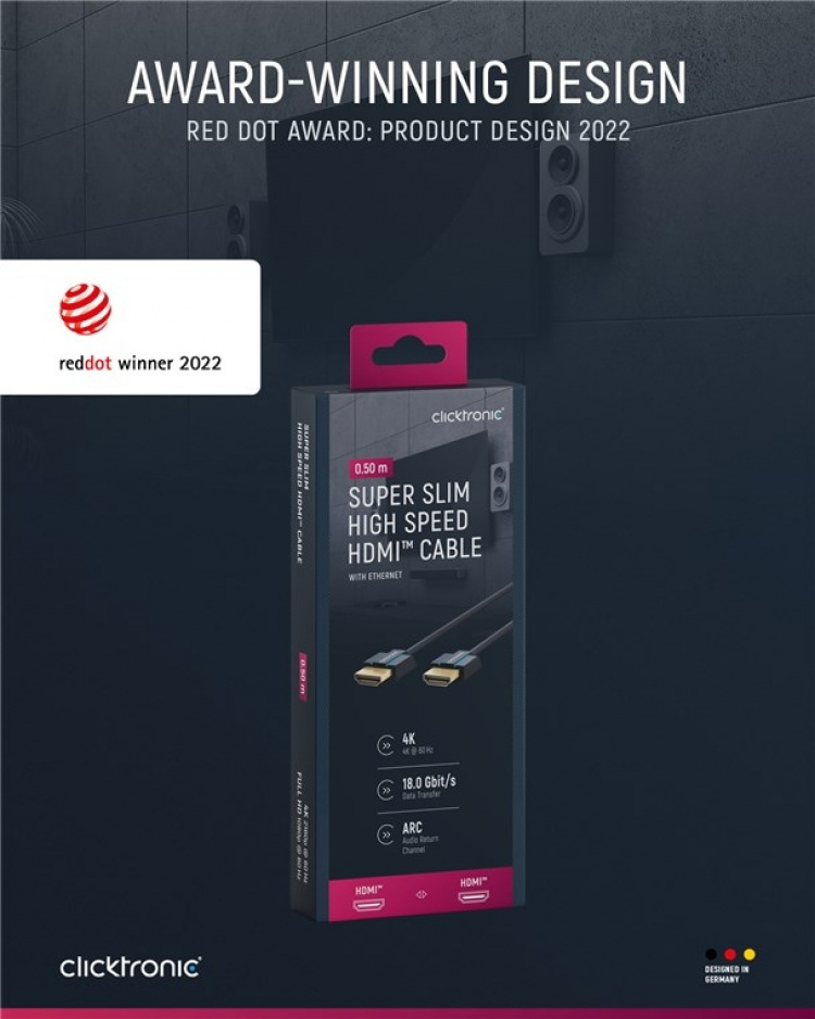 ClickTronic Ultra-Slim Höghastighets HDMI™-kabel med Ethernet Premiumkabel | 1x HDMI™-kontakt 1x HDMI™-kontakt | 0,5 m | UHD 4K @ 60 Hz ClickTronic Ultra-Slim Höghastighets HDMI™-kabel med Ethernet Premiumkabel | 1x HDMI™-kontakt 1x HDMI™-kontakt | 0,5 m | UHD 4K @ 60 Hz