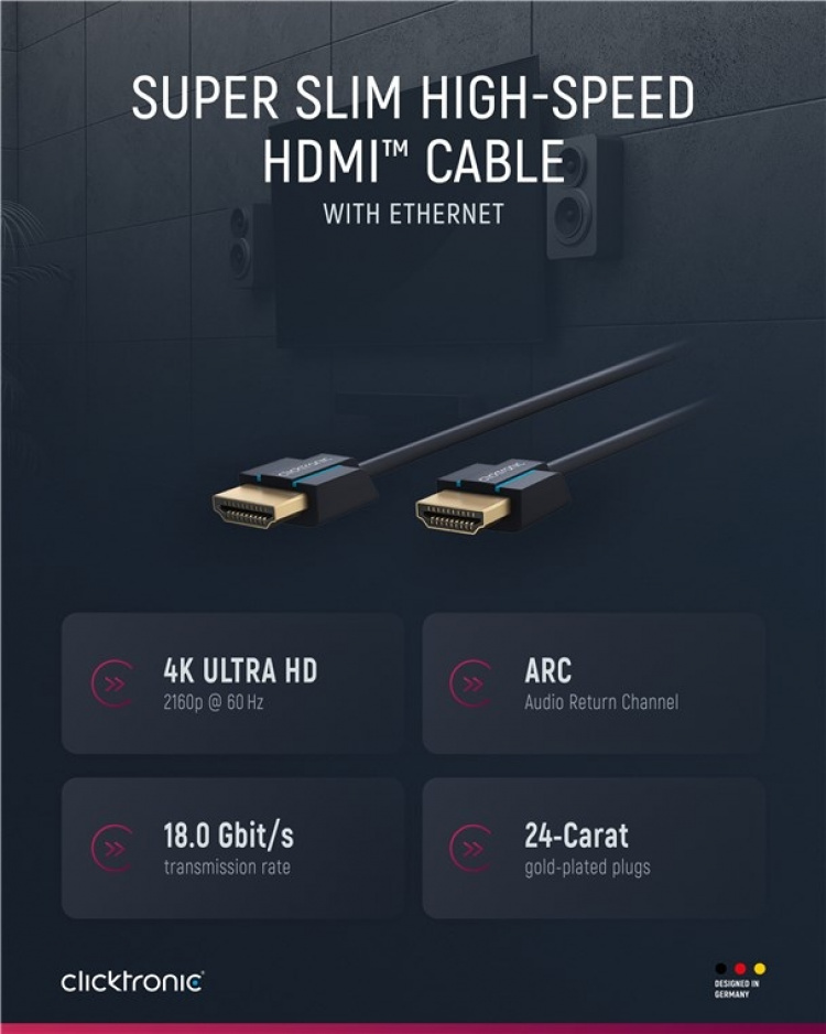 ClickTronic Ultra-Slim Höghastighets HDMI™-kabel med Ethernet Premiumkabel | 1x HDMI™-kontakt 1x HDMI™-kontakt | 1,5 m | UHD 4K @ 60 Hz ClickTronic Ultra-Slim Höghastighets HDMI™-kabel med Ethernet Premiumkabel | 1x HDMI™-kontakt 1x HDMI™-kontakt | 1,5 m | UHD 4K @ 60 Hz