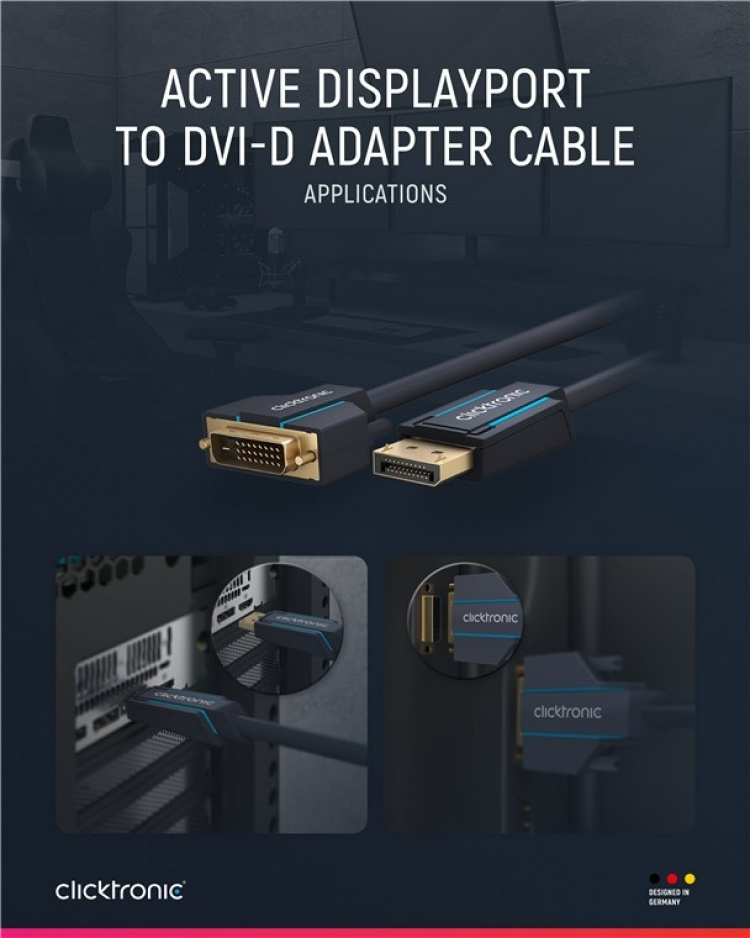 ClickTronic Adapterkabel för aktiv DisplayPort™ till DVI-D Premiumkabel | 1x DisplayPort™-kontakt >> 1x DVI-D-kontakt | 1,0 m | WUXGA @ 60 Hz