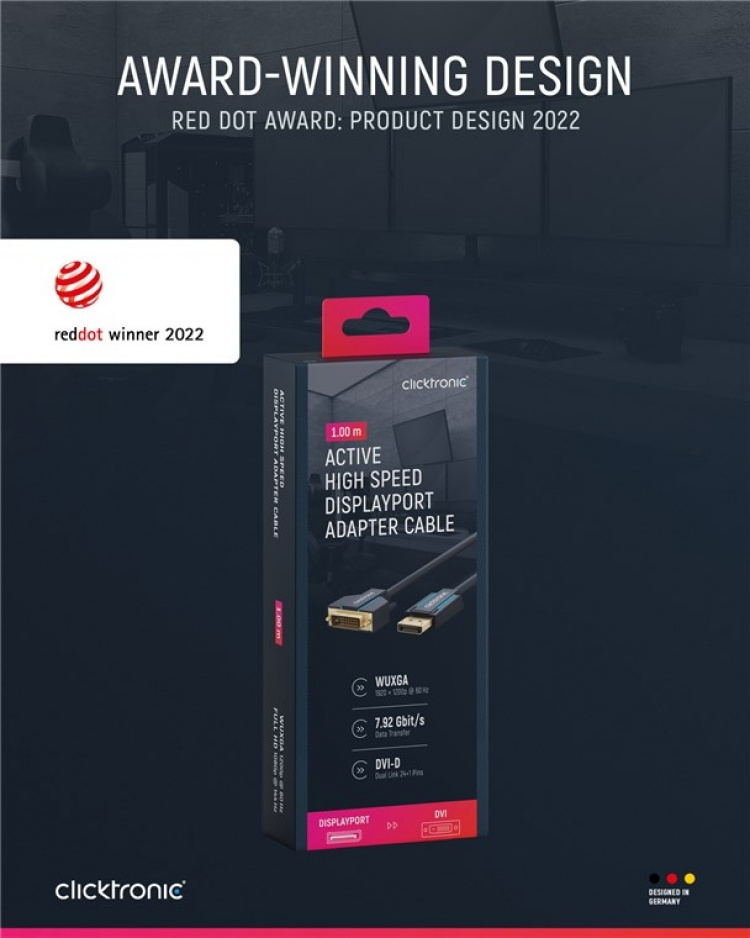 ClickTronic Adapterkabel för aktiv DisplayPort™ till DVI-D Premiumkabel | 1x DisplayPort™-kontakt >> 1x DVI-D-kontakt | 1,0 m | WUXGA @ 60 Hz