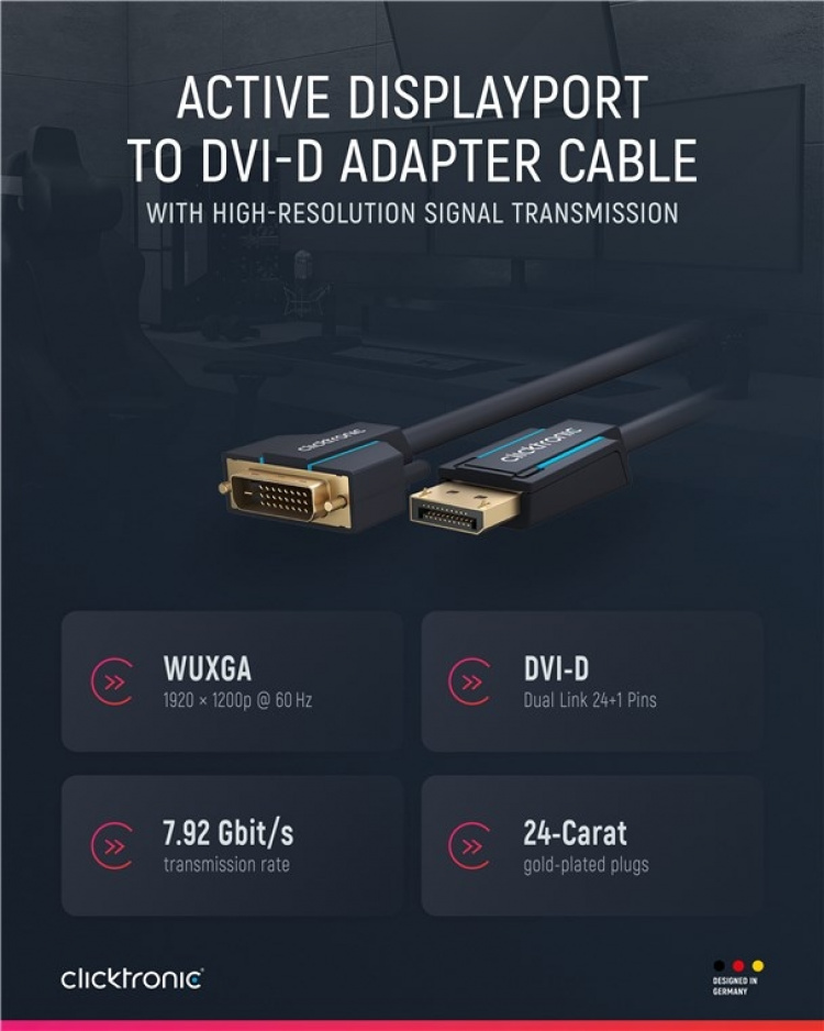 ClickTronic Adapterkabel för aktiv DisplayPort™ till DVI-D Premiumkabel | 1x DisplayPort™-kontakt >> 1x DVI-D-kontakt | 3,0 m | WUXGA @ 60 Hz
