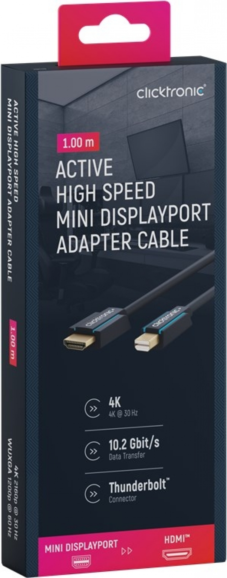 ClickTronic Aktiv adapterkabel från mini DisplayPort™ till HDMI™ premiumkabel | 1x mini DisplayPort™-kontakt >> 1x HDMI™-kontakt | 1,0 m | UHD 4K @ 30 Hz ClickTronic Aktiv adapterkabel från mini DisplayPort™ till HDMI™ premiumkabel | 1x mini DisplayPort™-kontakt >> 1x HDMI™-kontakt | 1,0 m | UHD 4K @ 30 Hz