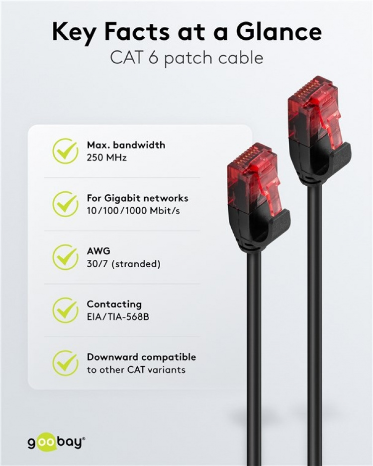 Goobay CAT 6 smal patchkabel, U/UTP, svart kopparledare (CU), 7.5 m