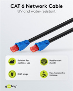 Goobay CAT 6 patchkabel för dragning utomhus, U/UTP, svart kopparklädd aluminiumledare (CCA), dubbelt yttre hölje (PE), 75 m