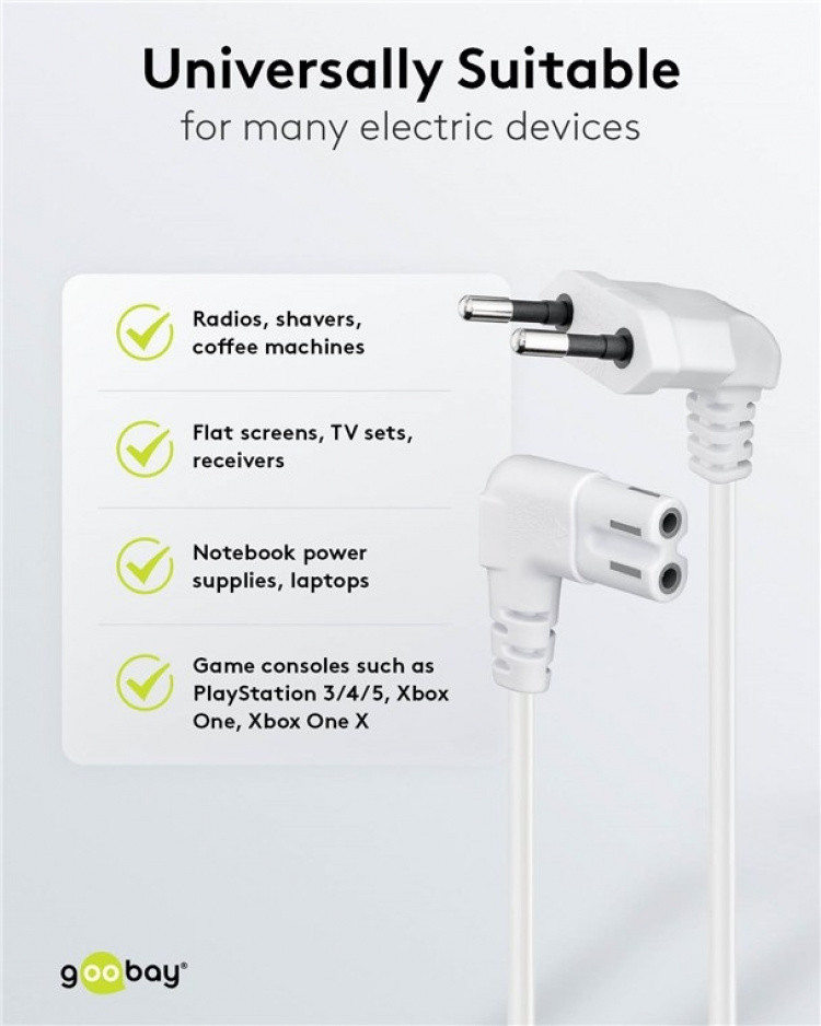 Goobay Anslutningskabel Euro-kontakt vinklad i båda ändar, 0,75 m, vit Euro-kontakt (typ C, CEE 7/16) > uttag C7 Goobay Anslutningskabel Euro-kontakt vinklad i båda ändar, 0,75 m, vit Euro-kontakt (typ C, CEE 7/16) > uttag C7