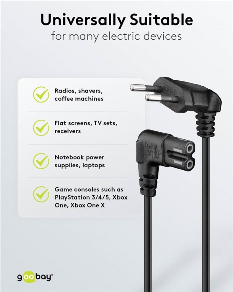 Goobay Anslutningskabel Euro-kontakt vinklad i båda ändar, 1,5 m, svart Euro-kontakt (typ C, CEE 7/16) > uttag C7 Goobay Anslutningskabel Euro-kontakt vinklad i båda ändar, 1,5 m, svart Euro-kontakt (typ C, CEE 7/16) > uttag C7