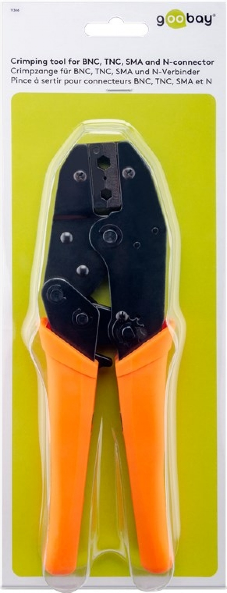 Goobay Crimptång för BNC-, TNC-, SMA- och N-kontakter lämplig för koaxialkablar av typ RG-58, RG-59, RG-62, RG-140, RG-141, RG-142, RG-210, RG-223, RG-303 och RG-400