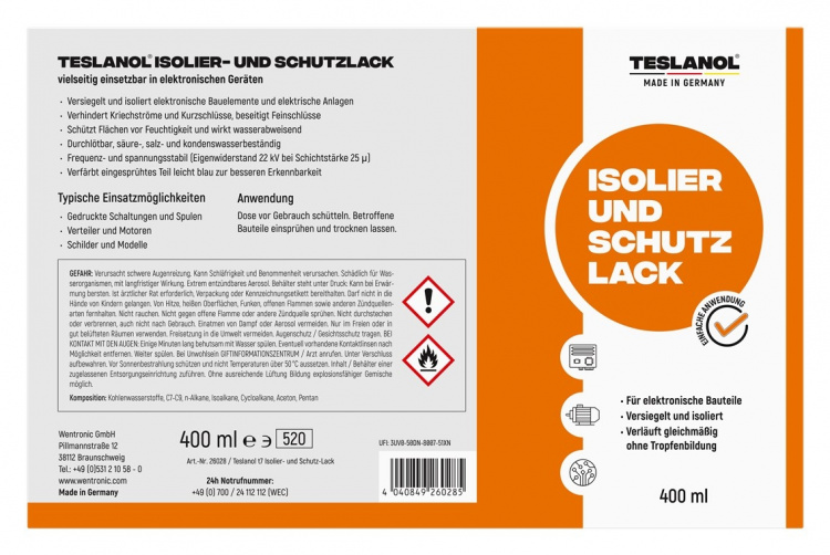 Teslanol Isolerings- och skyddslack för att försegla och isolera elektroniska komponenter – 400 ml