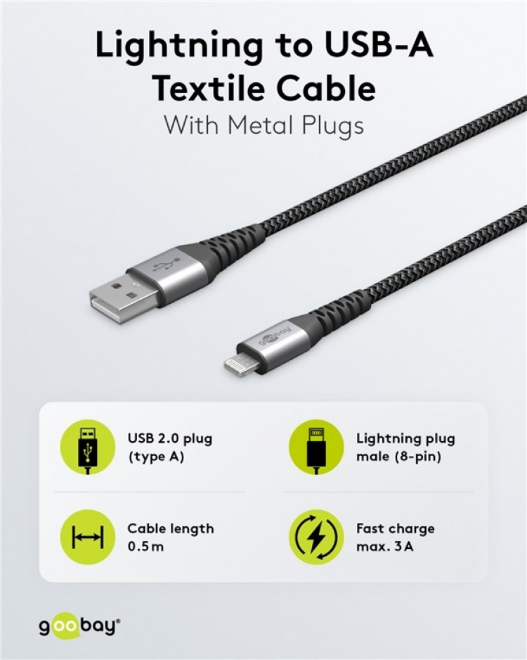 Goobay Lightning till USB-A-textilkabel med metallpluggar 0,5 m elegant och extra robust anslutningskabel för t.ex. Apple iPhone, iPad (Apple MFi certifierad)