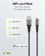 Goobay Lightning till USB-A-textilkabel med metallpluggar 1 m elegant och extra robust anslutningskabel för t.ex. Apple iPhone, iPad (Apple MFi certifierad) Goobay Lightning till USB-A-textilkabel med metallpluggar 1 m elegant och extra robust anslutningskabel för t.ex. Apple iPhone, iPad (Apple MFi certifierad)